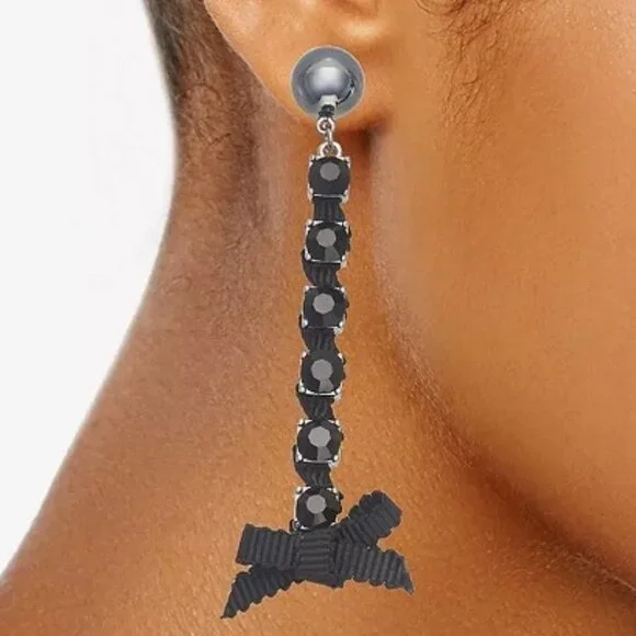 VERA WANG Goth Gunmetal Black Crystal/Black Ribbon Drop Earrings**NEW! - Picture 2 of 6